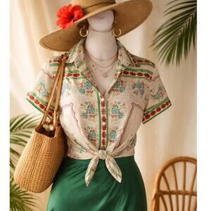 OOAK Replay Button Front Shirt Floral Embroidery Bling Boho Made in India Large